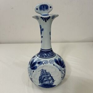 Hand Painted Blue Delft Holland Bottle Decanter With Stopper Large Sailing Ships